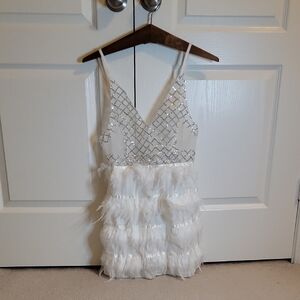 White Sequin and Feather Mini Dress (Backless, Size S)